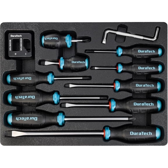 12-Piece Magnetic Screwdriver Set, 5 Phillips and 5 Slotted Tip S2 Alloy Steel Screwdriver Set, 1 pc Magnetizer Demagnetizer, 1 pc CR-V Offset Screwdriver, Storage Tray Included