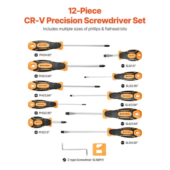 12-Piece Magnetic Screwdriver Set with 5 Phillips and 5 Slotted Tips, Includes Magnetizer Tool | Professional Hand Tool Kit for Electronics & Household Repairs