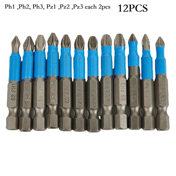 12 Piece Magnetic Screwdriver Set, Anti-Slip Alloy Steel Driver Bits with 1/4 Inch Hex Shank for Electric Drill and Tools, PH1 PH2 PH3 PZ1 PZ3, 50mm Length