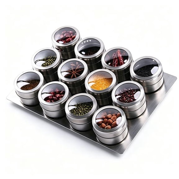 12-Piece Magnetic Spice Jar Set with Wall Mount Base, Stainless Steel Spice Containers with Clear Rotating Lids, Dual Sprinkle Holes, Rust-Resistant Storage Tins for Kitchen Herbs, Seasonings and Sma