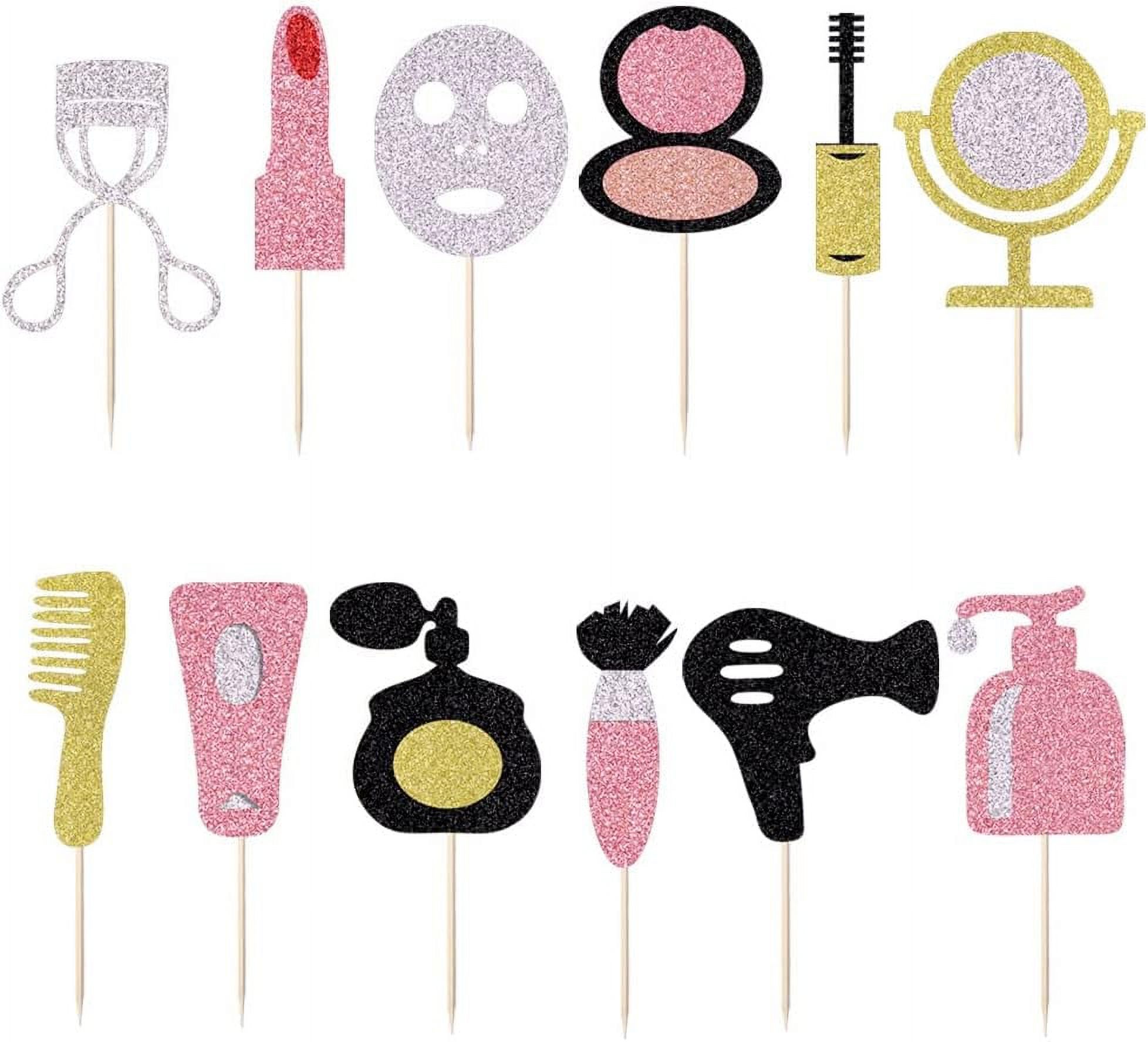 12Piece Makeup Cupcake Toppers Glitter Cosmetics and Lipstick Cake