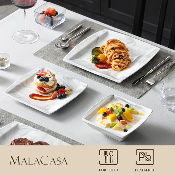 12-Piece Marble Grey Square Porcelain Dinnerware Set for 4, Modern Ceramic Plates and Bowls for Dining