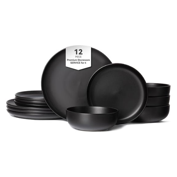 12 Piece Matte Black Stoneware Dinnerware Set for 4, Modern Ceramic Plates & Bowls Dish Set, Microwave & Dishwasher Safe Kitchen Tableware