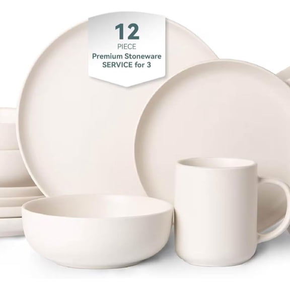 12-Piece Matte White Dinnerware Set,Stoneware Dinnerware for 3, Microwave & Dishwasher Safe, Stackable Design for Kitchen and Dining - Plates,Bowls and Mugs