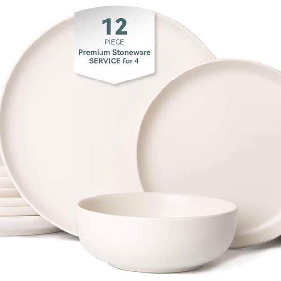 12-Piece Matte White Dinnerware Set,Stoneware Dinnerware for 4, Microwave & Dishwasher Safe, Stackable Design for Kitchen and Dining - Plates and Bowls