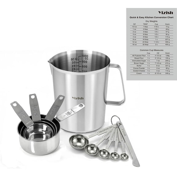 12-Piece Measuring Cups and Spoons Set with 1L (32oz) 304 Stainless Steel Measuring Pitcher, Heavy Duty Baking Tools for Liquid & Dry Ingredients, Kitchen Cooking & Baking