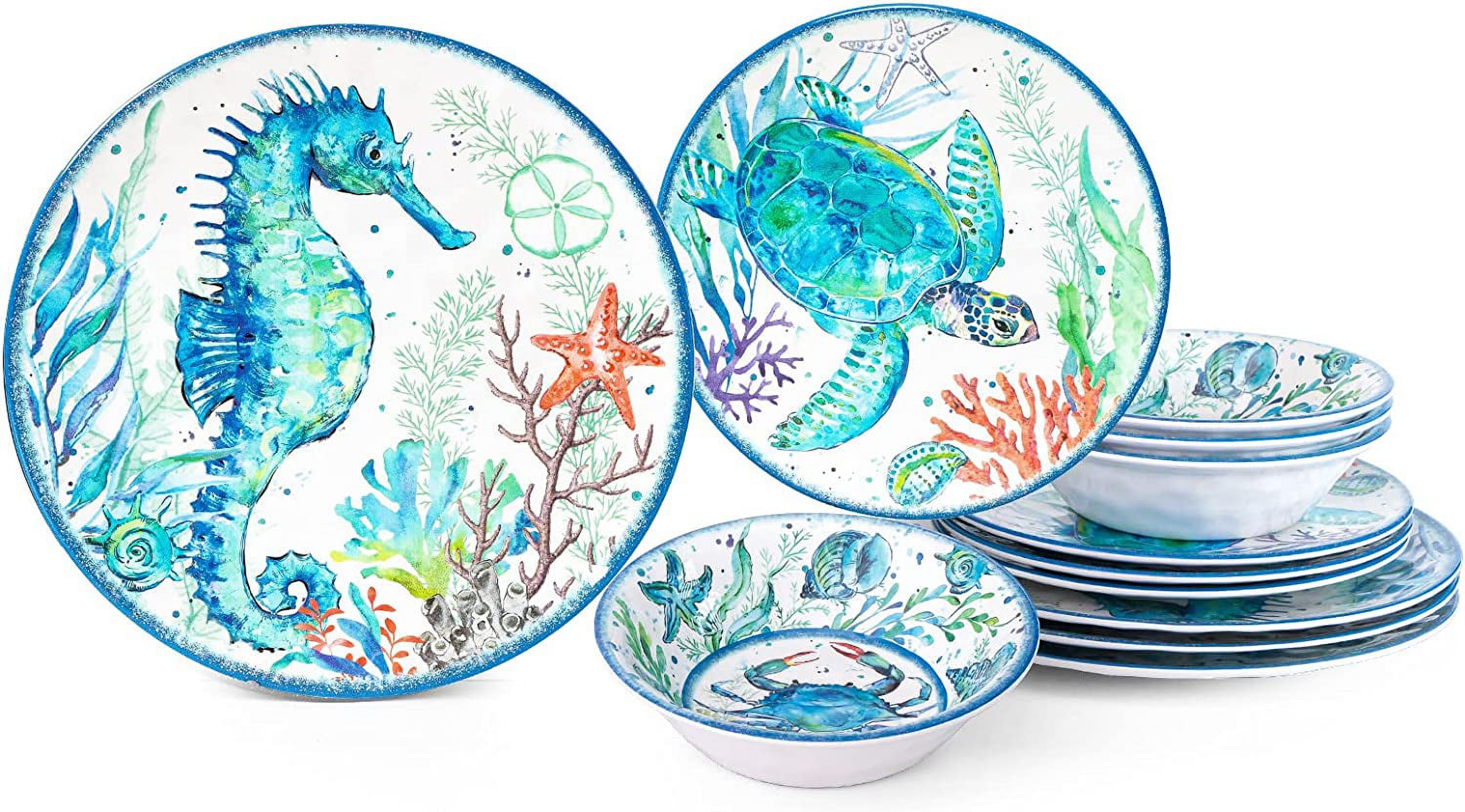 12Piece Melamine Beach Dinnerware Set, Coastal Plates and Bowls Sets