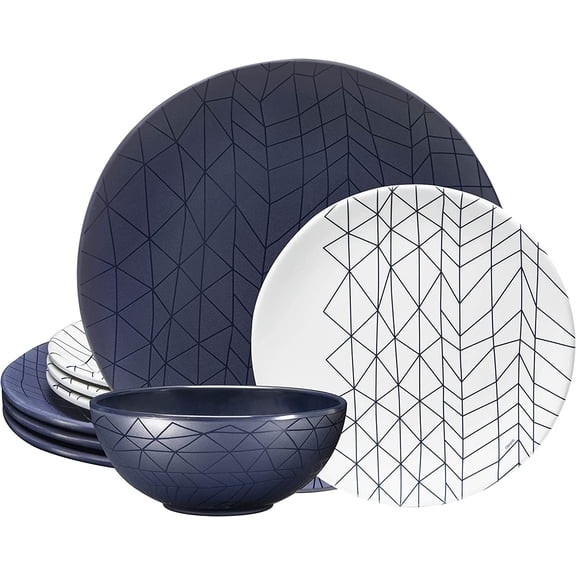 12 Piece Melamine Dinnerware Set - Durable, Dishwasher Safe Black Plates and Bowls - Casual Dining, Parties, Camping Dish Set Mono