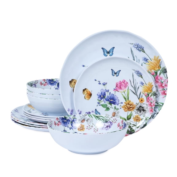 12 Piece Melamine Dinnerware Set, Flowers Birds Pattern, Service For 4 For Indoor Outdoor Use