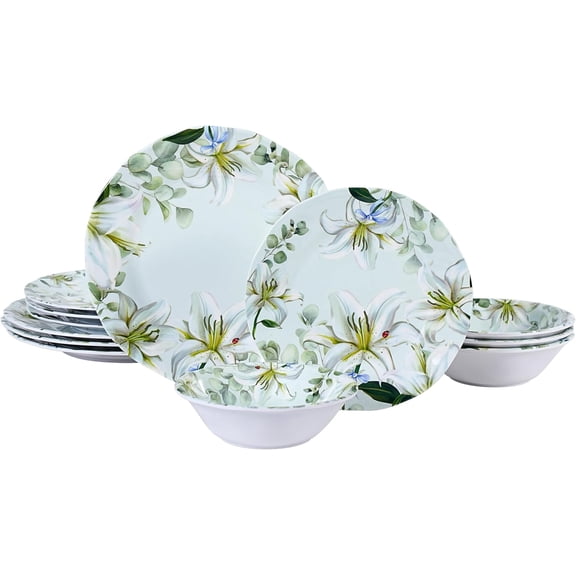 12-Piece Melamine Dinnerware Set, Green & White | Shatterproof Plates and Bowls, Elegant Lily Pattern, Everyday Dining, Outdoor Picnics and RV Camping