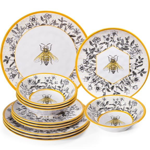 12-Piece Melamine Dinnerware Set Service for 4, Garden Floral Lightweight Unbreakable Dishes Set, Dinner Plates, Side Plates & All-Purpose Bowls