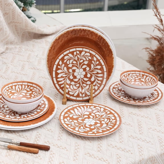 12-Piece Melamine Dinnerware Set for 4: Dinner Plates, Salad Plates, and Salad Bowls, Unbreakable, Brown