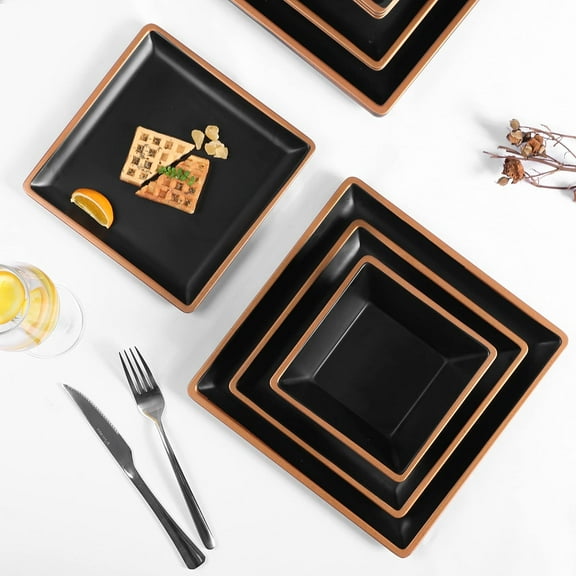 12-Piece Melamine Dinnerware Set for 4, Square Plates & Bowls, Lightweight & Shatterproof for Indoor/Outdoor Use