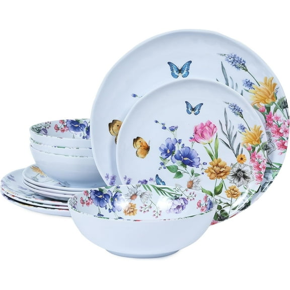 12 Piece Melamine Dinnerware Set for 4 with Floral and Butterfly Pattern