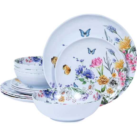 12 Piece Melamine Dinnerware Sets - Plates And Bowls Sets Floral Dinnerware Sets- Spring Camping Dishs Indoor Outdoor Use,Flowers And Butterflies Pattern