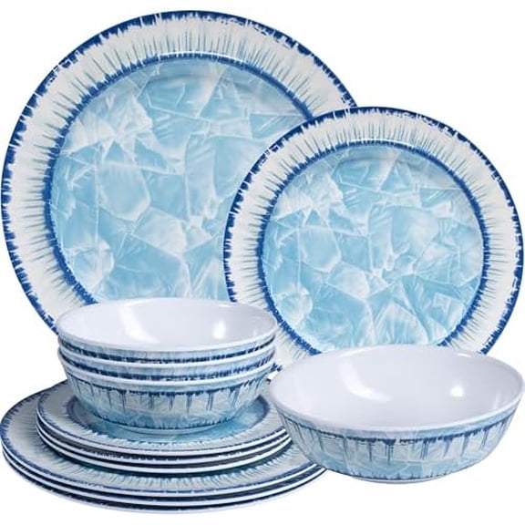 12 Piece Melamine Plates and Bowls Dinnerware Set, Lightweight Unbreakable Modern Dishes Set Great for Outdoor Camping & Everyday Use, Service for 4, BPA Free, Light Blue