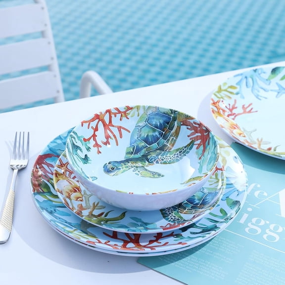 12-Piece Melamine Turtle Dinnerware Set, Ocean Plates and Bowls Sets, Indoor Outdoor Dish Sets for 4, Lightweight Tableware Set - Turtle