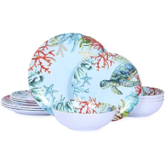12-Piece Melamine Turtle Dinnerware Set, Ocean Plates and Bowls Sets, Indoor Outdoor Dish Sets for 4, Unbreakable Lightweight Tableware Set - Turtle