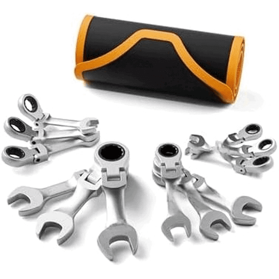 12-Piece Metric Stubby Flex-Head Ratcheting Combination Wrench Set with Rolling Pouch 8-19mm, 90-Tooth, CR-V Steel, Compact Design for Tight Spaces$$Tools & Hardware Other