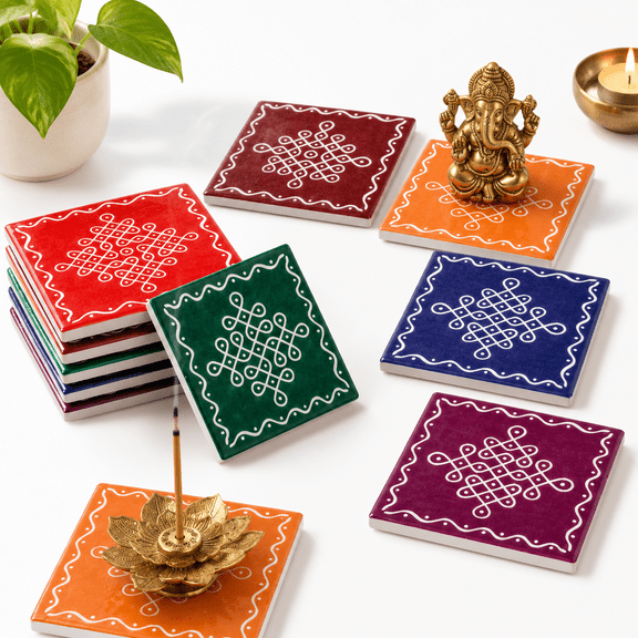 12-Piece Mini Kolam Ceramic Prayer Stand Risers Set, 6 Vibrant Colors