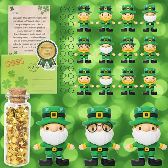 12-Piece Mini Leprechaun Figurine Set for St. Patrick's Day Decorations, Party Favors, and DIY Leprechaun Trap Craft Supplies - Small Green Fairy Toy Figures