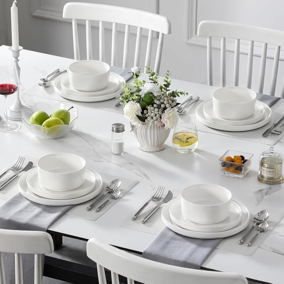 12-Piece Modern White Porcelain Dinnerware Set for 4, Plates and Bowls, Premium Chip & Scratch-Resistant Kitchen & Dining Dishware
