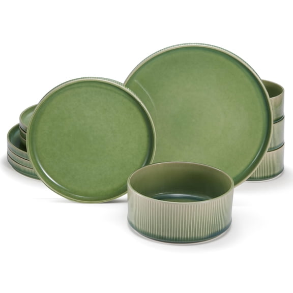 12-Piece Moss Green Ceramic Stoneware Dinnerware Set, Service for 4