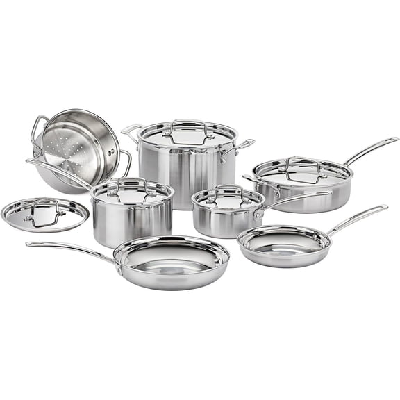12-Piece MultiClad Pro Triple Ply Stainless Steel Cookware Set, Heat Surround Technology, Cool Grip Handles, Oven Safe to 500F, MCPS-12N, Silver