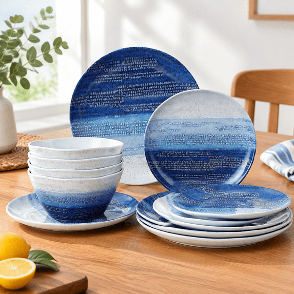 New Retro Rv 12-Piece Nautical Dinnerware Set for 4, Sky Blue and White Retro ...