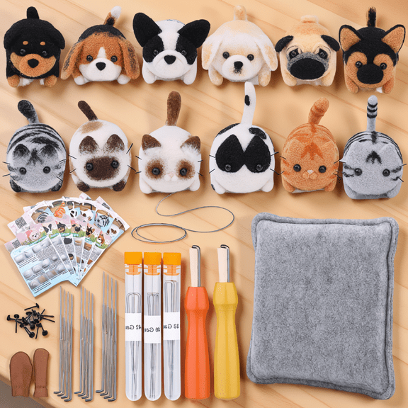 12-Piece Needle Felting Kit for Beginners, DIY Wool Felt Animal Set with Mat, Needles and Instructions for Dog and Projects