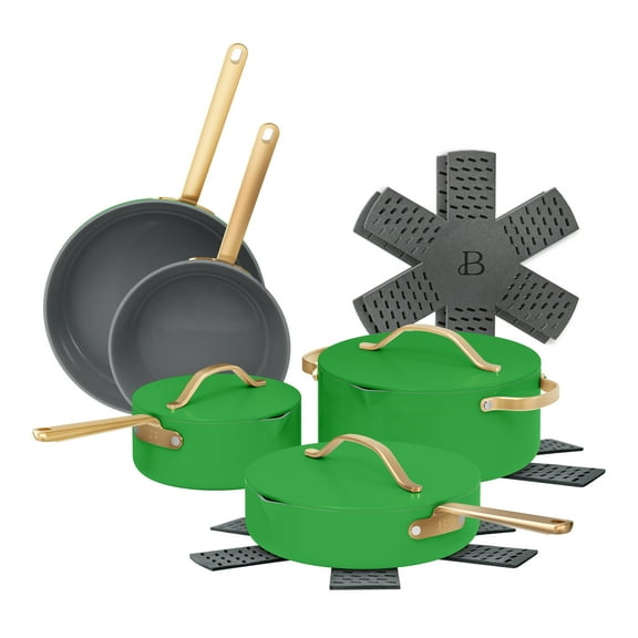 Beautiful 12pc Ceramic Non-Stick Cookware Set, Pots and Pans with Strainer Lids, Kelly Green by Drew Barrymore