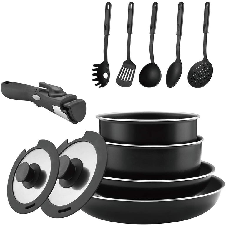 12 Piece Non-Stick Cookware Set Non-Stick Pans and Pots with Removable  Handles, Space Efficient Excellent for RVs and Compact Kitchen (Black 12  pieces) 