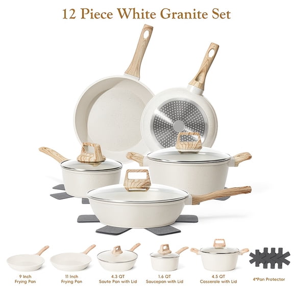 12-Piece Non-Stick Granite Cookware Set - Pots and Pans with Lids, Frying Pans, Casserole, Saucepan, Pan Protectors, Heavy-Duty Induction Compatible for All Stovetops, Kitchen Cookware Set
