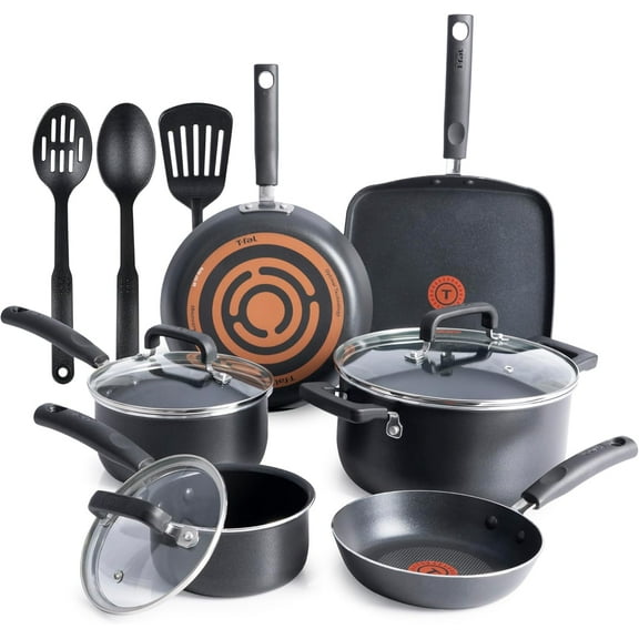 12 Piece Nonstick Cookware Set Oven Broiler Safe 350F Pots and Pans Kitchen Cooking Set with Fry Pans Saucepans Saute Pan Dutch Oven Griddle Kitchen Home Dishwasher Safe Black