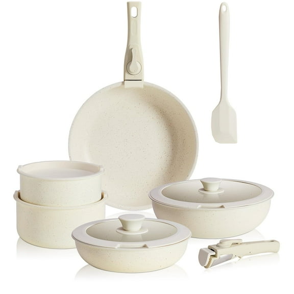 12-Piece Nonstick Cookware Set with Detachable Handles, Induction Compatible, Stackable for RV/Home Kitchen, Beige