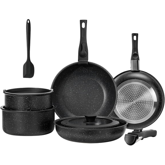 12 Piece Nonstick Granite Cookware Set with Detachable Handles Black
