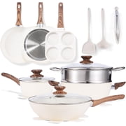 12-Piece Nonstick Pots and Pans Set, Non-Toxic Kitchen Cookware with Detachable Handles, Induction Compatible, Dishwasher and Oven Safe, Beige