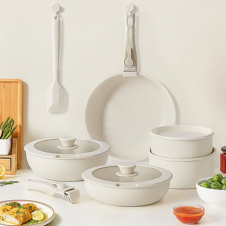12-Piece Nonstick Pots and Pans Set, Stackable Kitchen Cookware Sets with Removable Handle, Induction Compatible, Beige