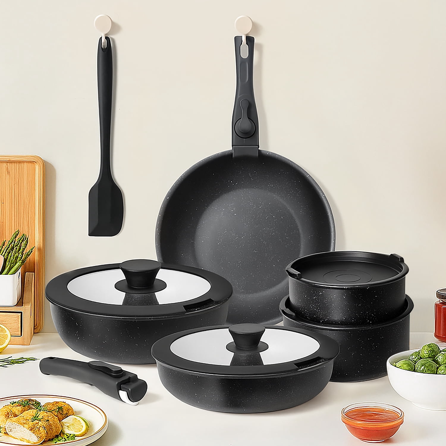 12-Piece Nonstick Pots and Pans Set, Stackable Kitchen Cookware Sets with Removable Handle, Induction Compatible, Black