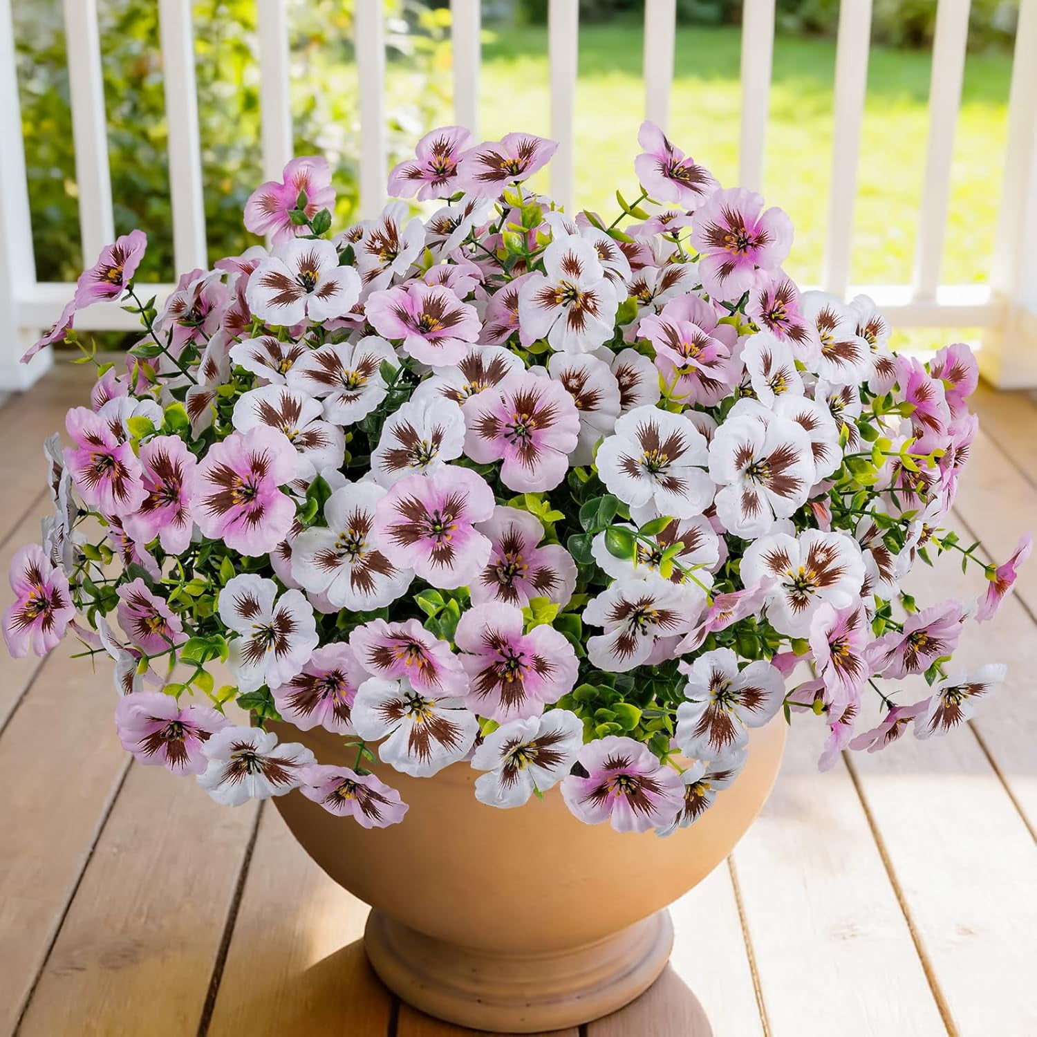 12 Piece Outdoor Artificial Flowers Fake Pansies -Two-Tone Faux Flowers per Stem, UV Resistant for Indoor Outdoor Porch Garden Planters Patio Window Box Home Decor(White Light Pink)