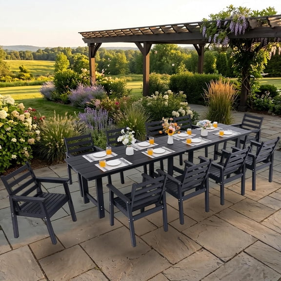 12-Piece Outdoor Dining Set, All-Weather HDPE Patio Furniture, Two 66.5" Slatted Table with 1.6" Umbrella Hole & 10 Ergonomic Armchairs, Heavy Duty 350lbs Capacity, UV Resistant, Black