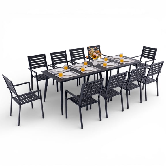 12-Piece Outdoor Dining Set - Two 47.25" HDPE Patio Tables and 10 Stackable Armrest Chairs - All-Weather Rust-Proof Steel Frame for Garden, Deck(Black)