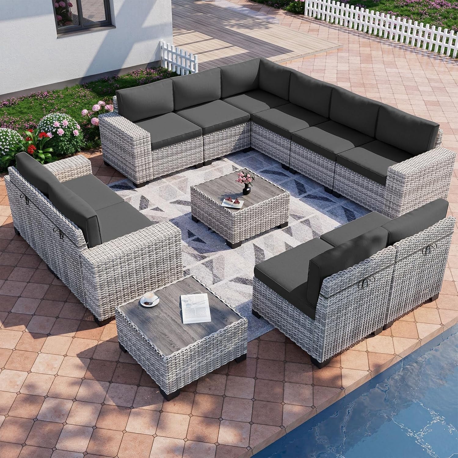 Sweecci 12 Piece Outdoor Patio Furniture Set, Ergonomic Wicker Patio Sectional Sofa with Stable Feet, 4" Cushions Conversation Set with Wood Table for Backyard Garden Deck,Dark Grey