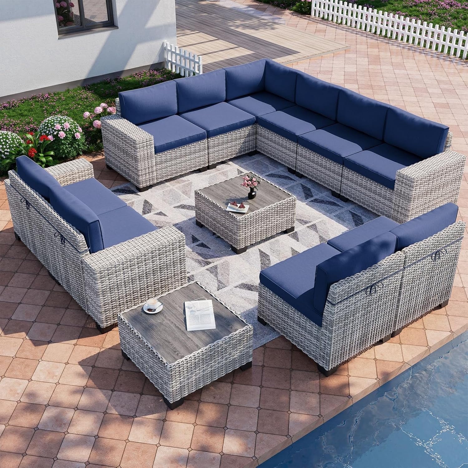 Sweecci 12 Piece Outdoor Patio Furniture Set, Ergonomic Wicker Patio Sectional Sofa with Stable Feet, 4" Cushions Conversation Set with Wood Table for Backyard Garden Deck,Navy Blue