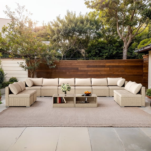 12-Piece Outdoor Sectional Sofa Set with Weather-Resistant Wicker - Modular Design Includes 2 Corner Chairs, 4 Armless Chairs, Glass-Top Table | UV-Protected Cushions & Durable Frame for Patio Living