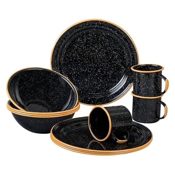 12-Piece Outdoor Set, Enameled Steel, Perfect for Camping & Picnics - Speckled Black with Color Rim