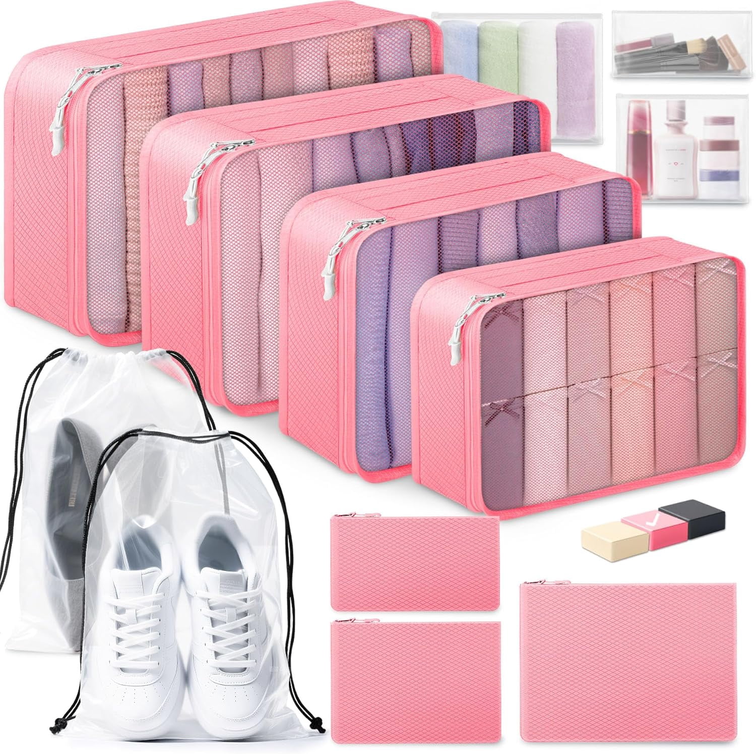 12-Piece Packing Cubes Set – Travel Essentials Luggage Organizer – Includes 4 Cubes + 3 Zip Pouches + 3 Waterproof Bags + 2 Shoe Bags – Lightweight Polyester – Beige/Pink/Black