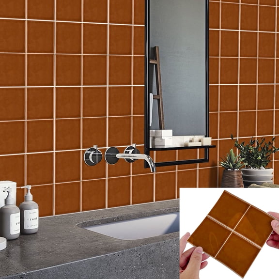 12 Piece Peel and Stick Black Tiles Stickers Wall Decals 5.9" x 5.9" Orange Sticker Waterproof Self Adhesive Backsplash for Kitchen Bathroom
