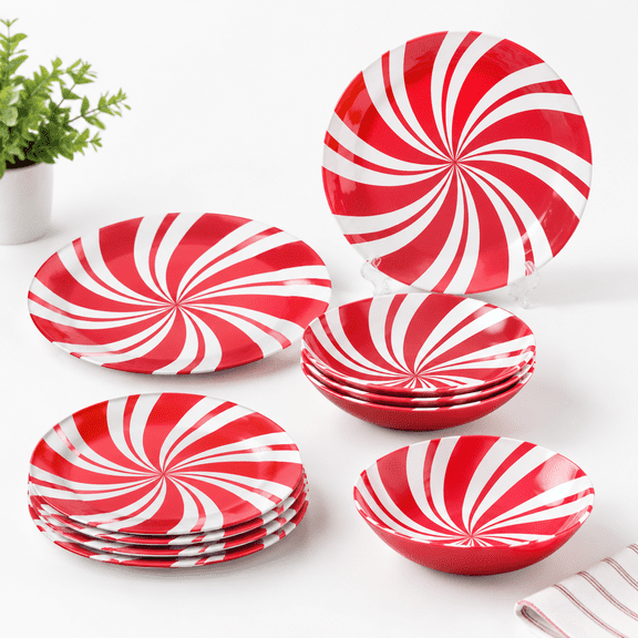 12-Piece Peppermint Dinnerware Set for 4, Outdoor Dishes with Christmas Candy Designs