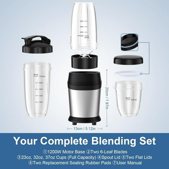 12-Piece Personal Smoothie Blender with 25,000 RPM Motor and 6-Leaf Stainless Steel Blades for Ice Crushing, Frozen Drinks, and Protein Shakes - Silver